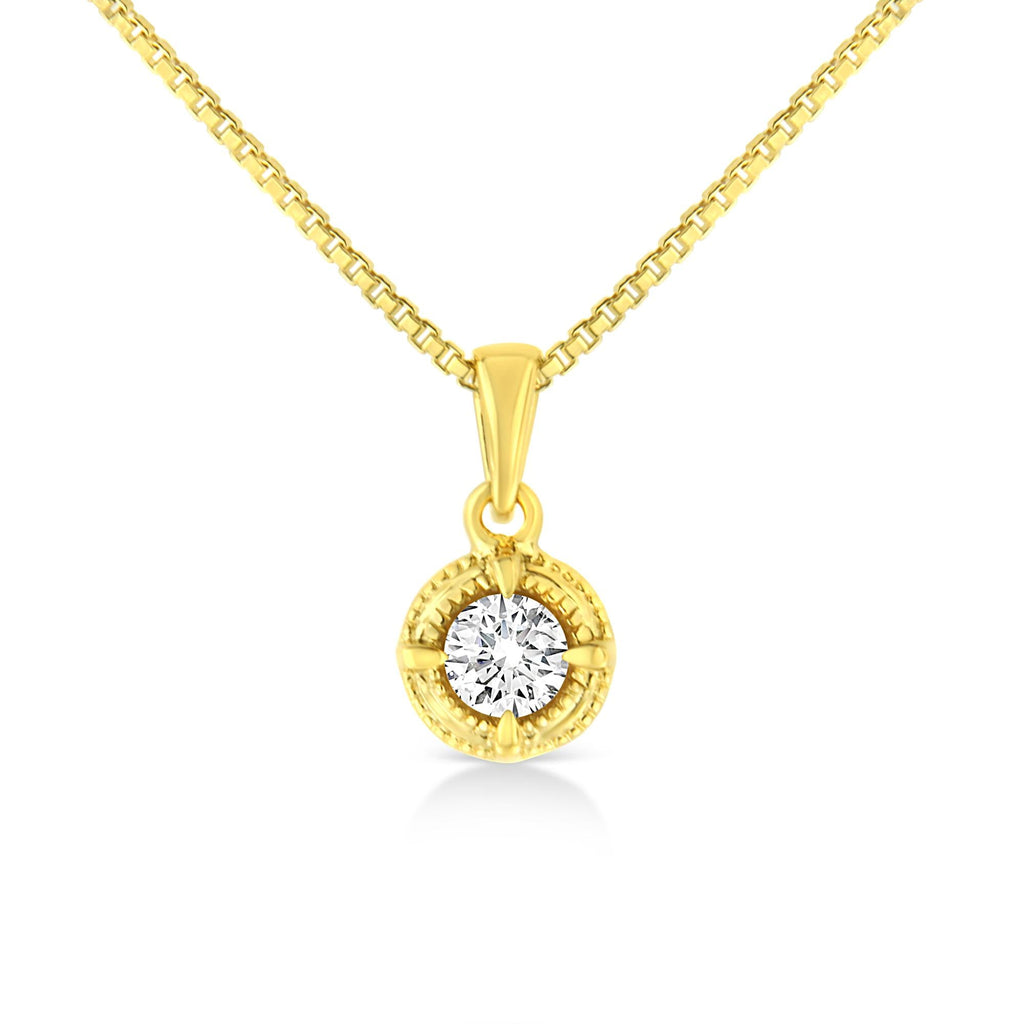 14K Yellow Gold Plated .925 Sterling Silver Brilliant Round Cut Diamond Solitaire Milgrain 18" Pendant Necklace Necklaces/Pendant/Pendant