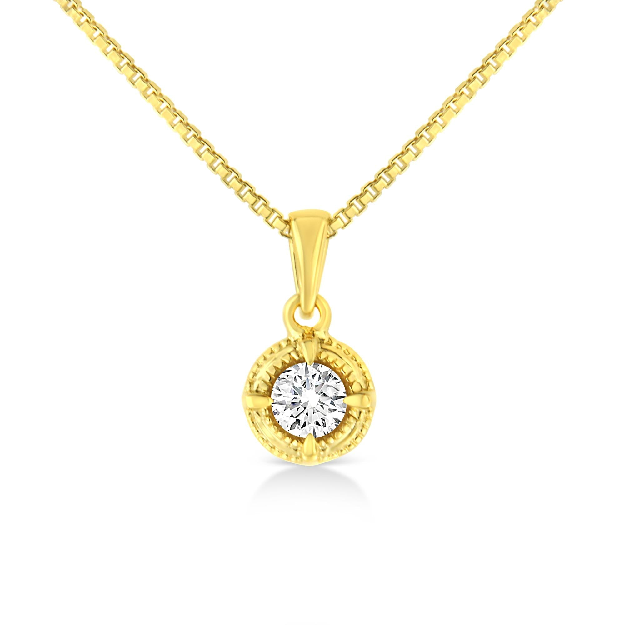 14K Yellow Gold Plated .925 Sterling Silver Brilliant Round Cut Diamond Solitaire Milgrain 18" Pendant Necklace Necklaces/Pendant/Pendant