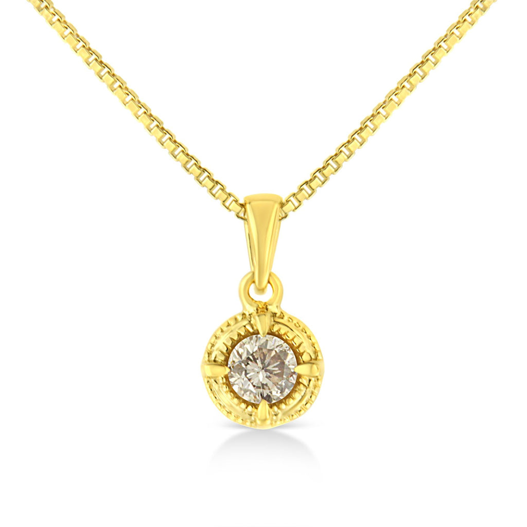 14K Yellow Gold Plated .925 Sterling Silver Brilliant Round Cut Diamond Solitaire Milgrain 18" Pendant Necklace Necklaces/Pendant/Pendant